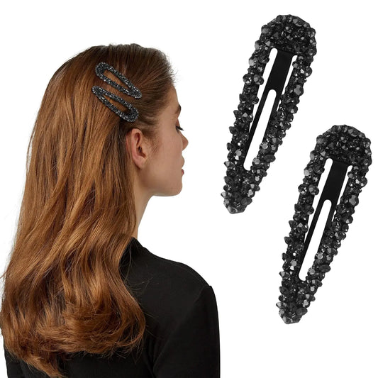 2Pcs Black Rhinestone Snap Hair Clips