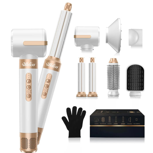 Hair Dryer Brush Blow Dryer 110000 RPM Hot Brush Styler UKLISS Auto Air Curler for Hair Curly Twist 7 in One Multistyler Professional Ionic Hair Styling Tool Hot Hair Air Styler (White Gold)