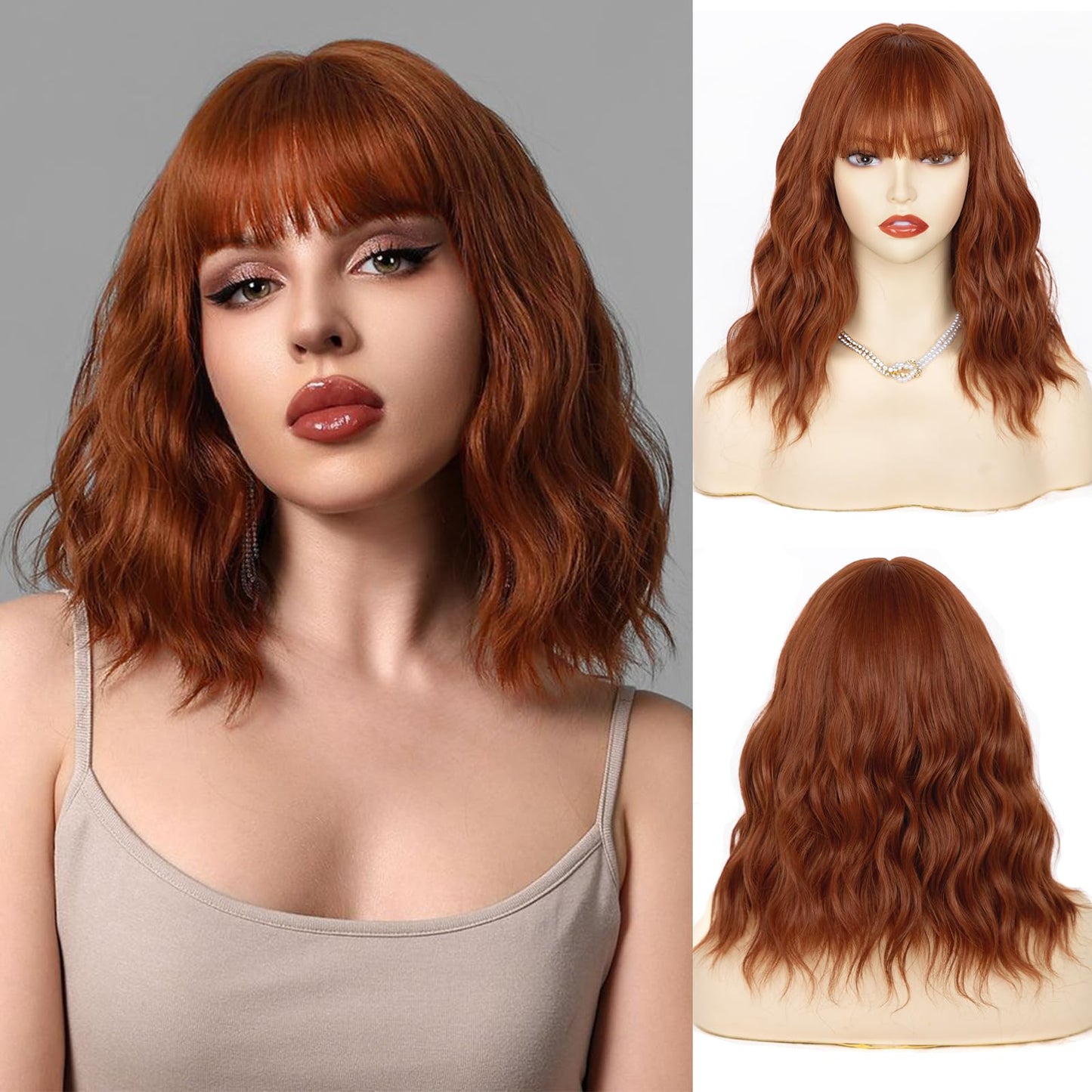 Radiant Auburn Curly Bob Wig with Bangs